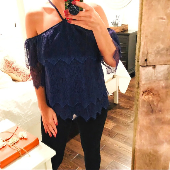 White House Black Market Navy blue sexy lace top - Picture 2 of 6